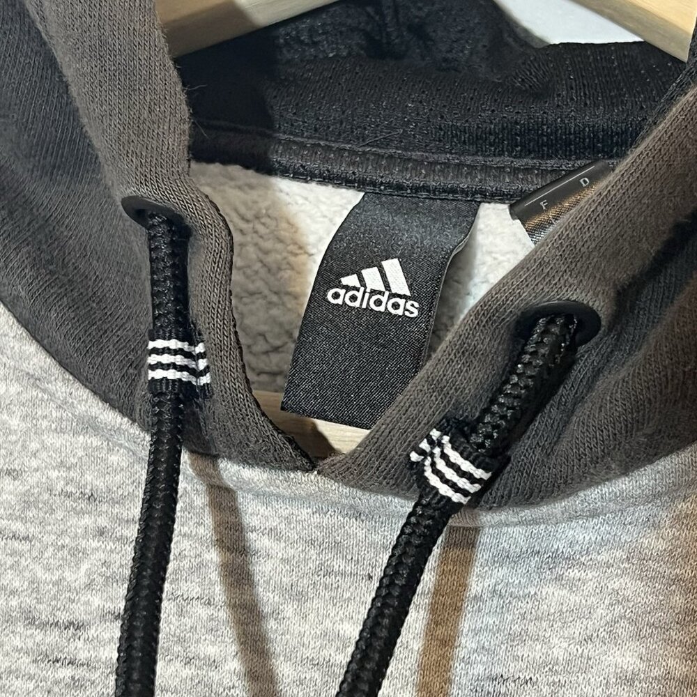 Adidas Mens Size L Gray Black Sweatshirt Hoodie Kangaroo Pocket Logo Athleisure - Picture 6 of 14